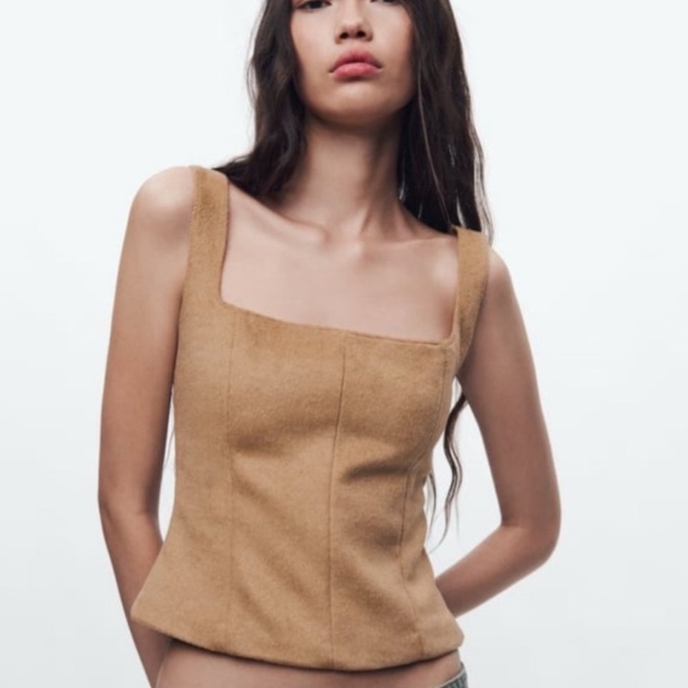 NEW Zara Foe Fur Wool Square Neck Top Thick Strap Corset Structured